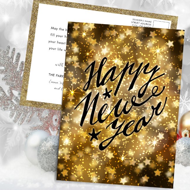 Festive Gold Sparkling Star Happy New Year Holiday Postcard (Creator Uploaded)