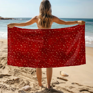 Festive Gold Star Burgundy Red Beach Towel