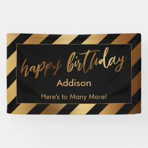 Festive Gold Stripes on Black Happy Birthday Banner