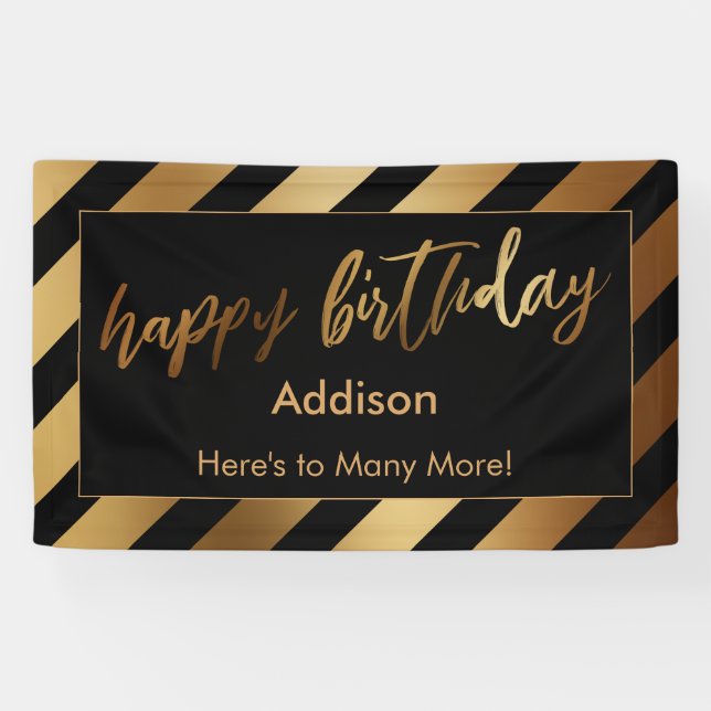 Festive Gold Stripes on Black Happy Birthday Banner (Horizontal)
