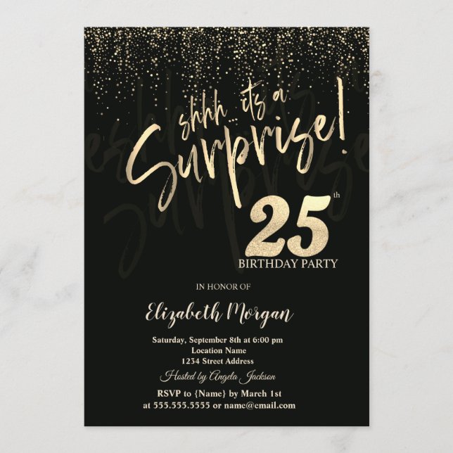 Festive Gold Surprise 25th Birthday Party Invitation (Front)