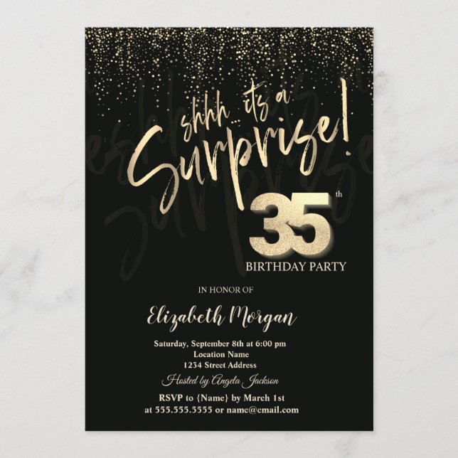 Festive Gold Surprise 35th Birthday Party Invitation (Front)