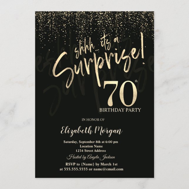Festive Gold Surprise 70th Birthday Party Invitation (Front)