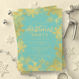 Festive Gold Turquoise Foil Snowflakes Christmas Invitation