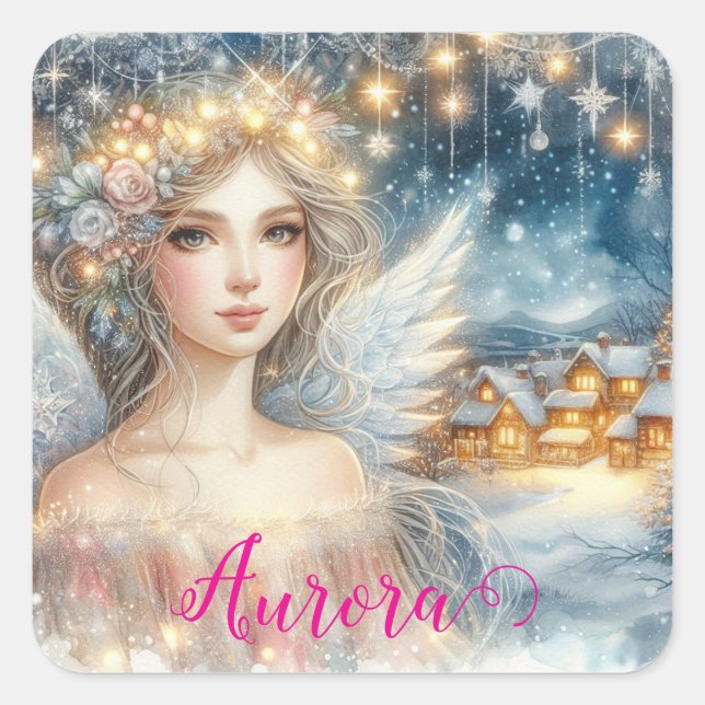 Festive Gold Watercolor Ethereal Frost Snow Angel Square Sticker (Front)
