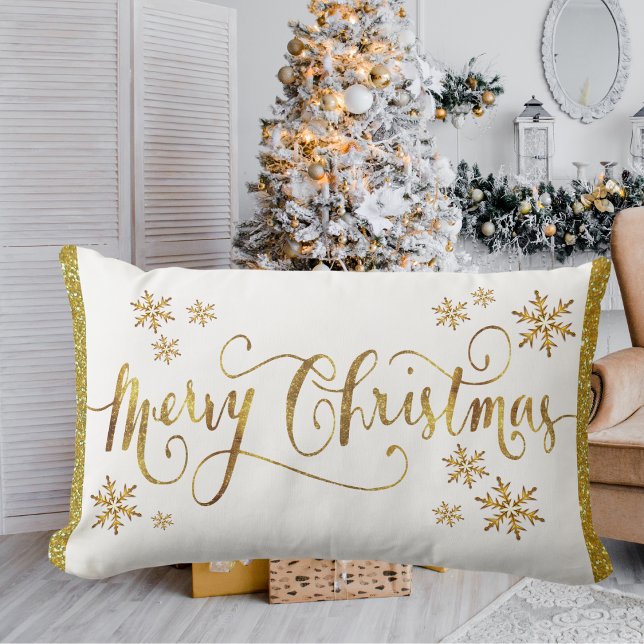 Festive Gold, White, Merry Christmas Lumbar Cushion (Festive Gold, White, Merry Christmas Lumbar Pillow)