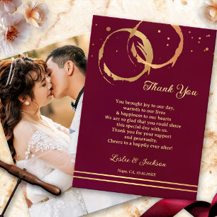 Festive Gold Wine Wedding Photo Thank You Card