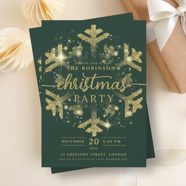 Festive Gold Winter Snowflake Christmas Green Invitation (Festive Gold Winter Snowflake Christmas Green Invitation)