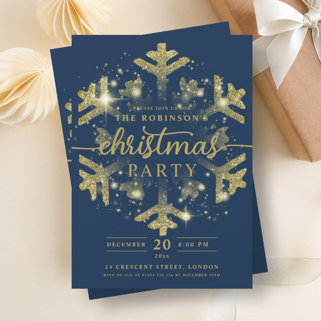 Festive Gold Winter Snowflake Christmas Navy  Invitation (Festive Gold Winter Snowflake Christmas Navy Invitation)
