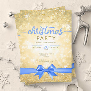 Festive Gold Winter Snowflakes Company Blue Ribbon Invitation