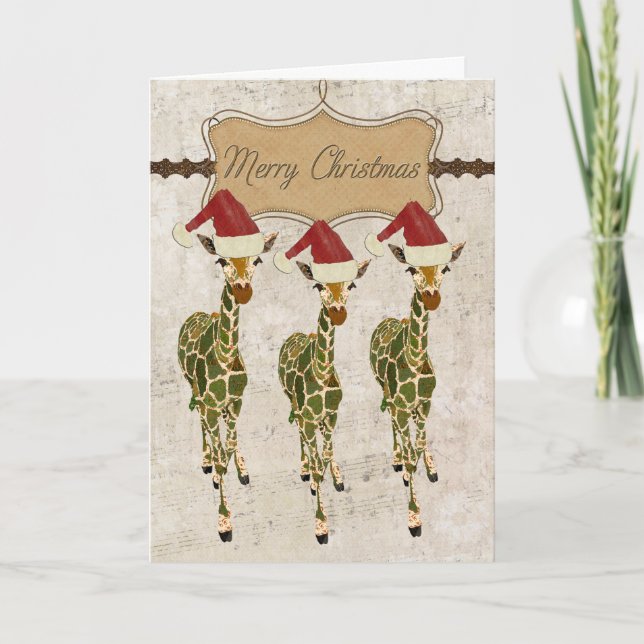 Festive  Golden Giraffes Merry Christmas Card (Front)