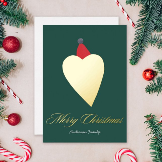 Festive Golden Heart with Christmas Hat Green Foil Holiday Card (Creator Uploaded)