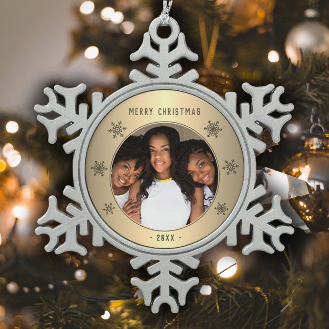 Festive Golden Snowflake Metallic Family Photo Snowflake Pewter Christmas Ornament (Creator Uploaded)