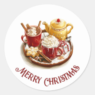 Festive Golden tea set, with hot Choco, Christmas Classic Round Sticker