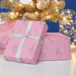 Festive Golden Tree on Light Pink Christmas Wrapping Paper
