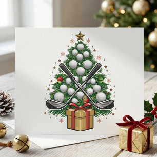 Festive Golf Ball Christmas Tree with Crossed Club Holiday Card