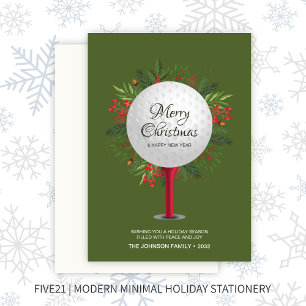 Festive Golf Tee Shot Christmas Greenery Holiday Card