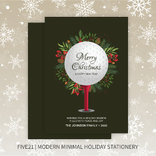 Festive Golf Tee Shot Christmas Greenery Holiday Card