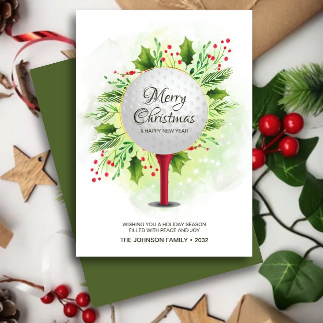 Festive Golf Tee Shot Christmas Greenery Holiday Card (Creator Uploaded)
