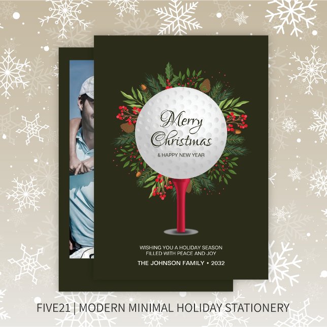 Festive Golf Tee Shot Christmas Greenery Photo Holiday Card (Creator Uploaded)