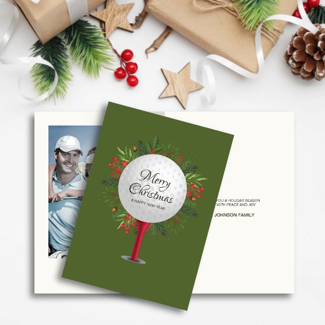 Festive Golf Tee Shot Christmas Greenery Photo Holiday Card (Creator Uploaded)