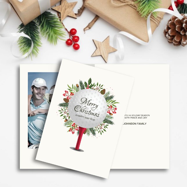 Festive Golf Tee Shot Christmas Greenery Photo Holiday Card (Creator Uploaded)