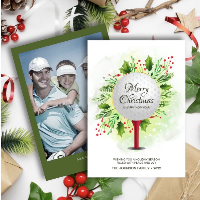 Festive Golf Tee Shot Christmas Greenery Photo Holiday Card (Creator Uploaded)