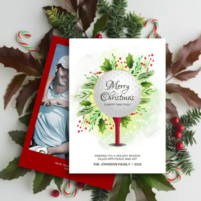 Festive Golf Tee Shot Christmas Greenery Photo Holiday Card (Creator Uploaded)