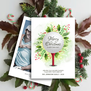 Festive Golf Tee Shot Christmas Greenery Photo Holiday Card