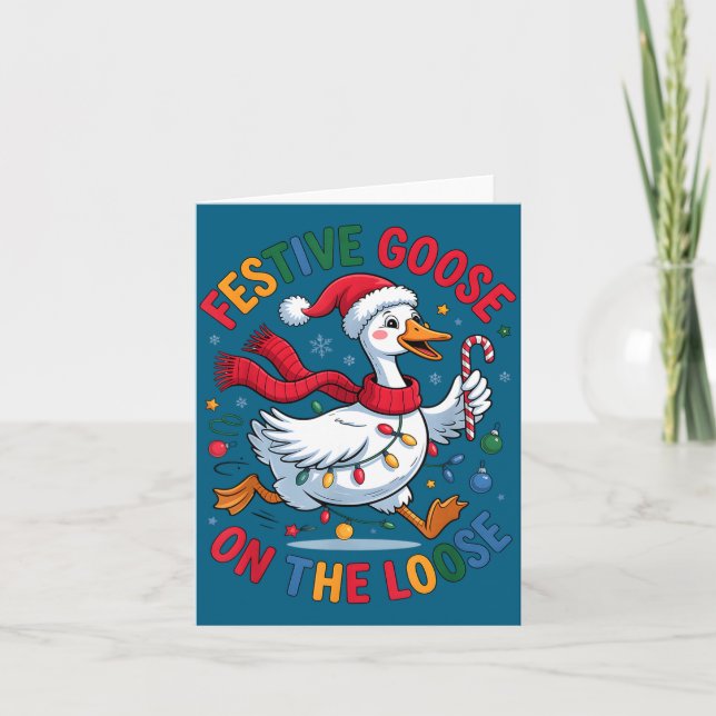 Festive Goose On Loose Christmas Cute Holiday Wint Card (Front)