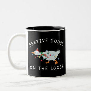 Festive Goose On The Loose Christmas Funny Duck Two-Tone Coffee Mug
