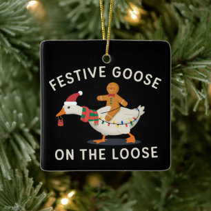 Festive Goose On The Loose Christmas Gingerbread Ceramic Ornament