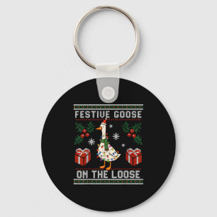 Festive Goose On The Loose Funny Ugly Sweater Chri Key Ring