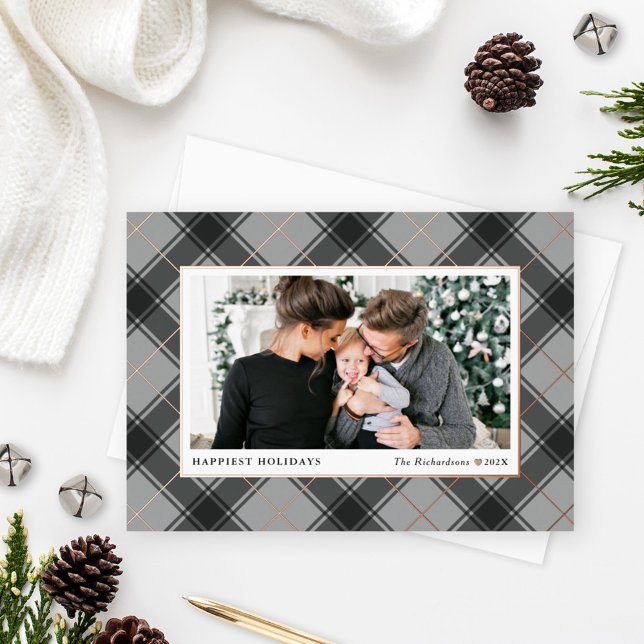 Festive Gray and Rose Gold Tartan Plaid Photo Foil Holiday Card (Creator Uploaded)