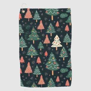 Festive Green and Coral Christmas Tree Pattern Golf Towel