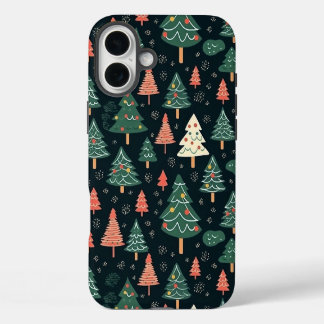 Festive Green and Coral Christmas Tree Pattern iPhone 16 Plus Case