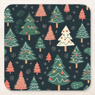 Festive Green and Coral Christmas Tree Pattern Square Paper Coaster