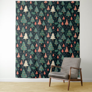 Festive Green and Coral Christmas Tree Pattern Tapestry