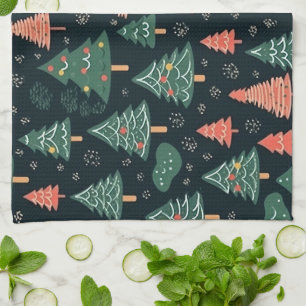 Festive Green and Coral Christmas Tree Pattern Tea Towel