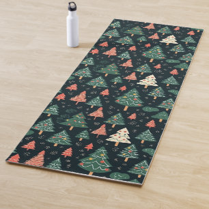 Festive Green and Coral Christmas Tree Pattern Yoga Mat