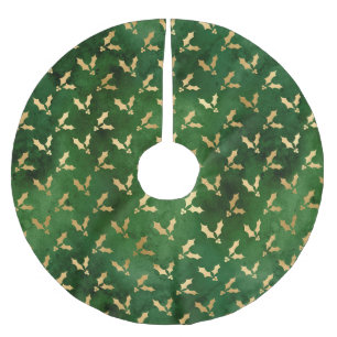 Festive Green and Gold Foil Winter Christmas Holly Brushed Polyester Tree Skirt