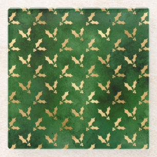 Festive Green and Gold Foil Winter Christmas Holly Glass Coaster