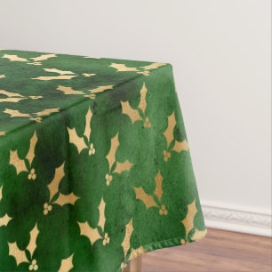 Festive Green and Gold Foil Winter Christmas Holly Tablecloth