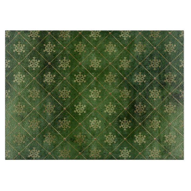 Festive Green and Gold Foil Winter Snowflakes Cutting Board (Front)
