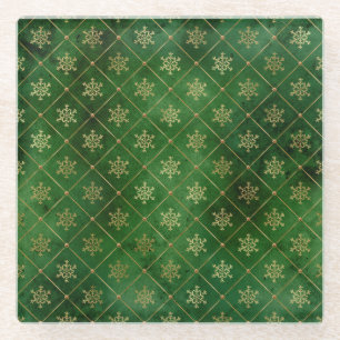 Festive Green and Gold Foil Winter Snowflakes Glass Coaster