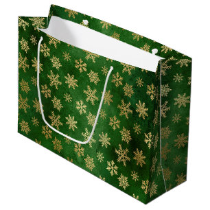 Festive Green and Gold Foil Winter Snowflakes Large Gift Bag