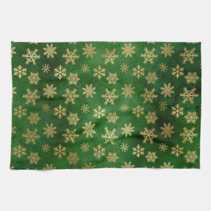 Festive Green and Gold Foil Winter Snowflakes Tea Towel