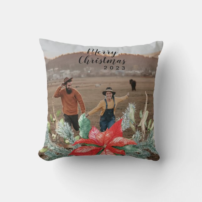 Festive Green and Red Christmas Holiday Photo Cushion (Front)