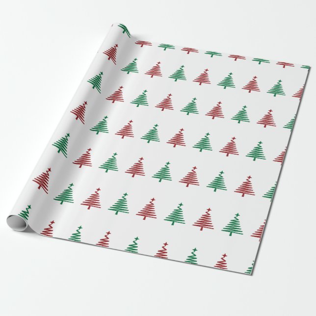 Festive Green and Red Christmas Tree Holiday Gift Wrapping Paper (Unrolled)