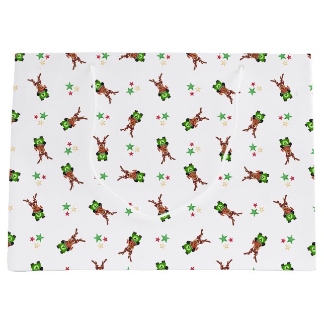 Festive Green And Red Kasky Christmas Reindeer Large Gift Bag (Front)